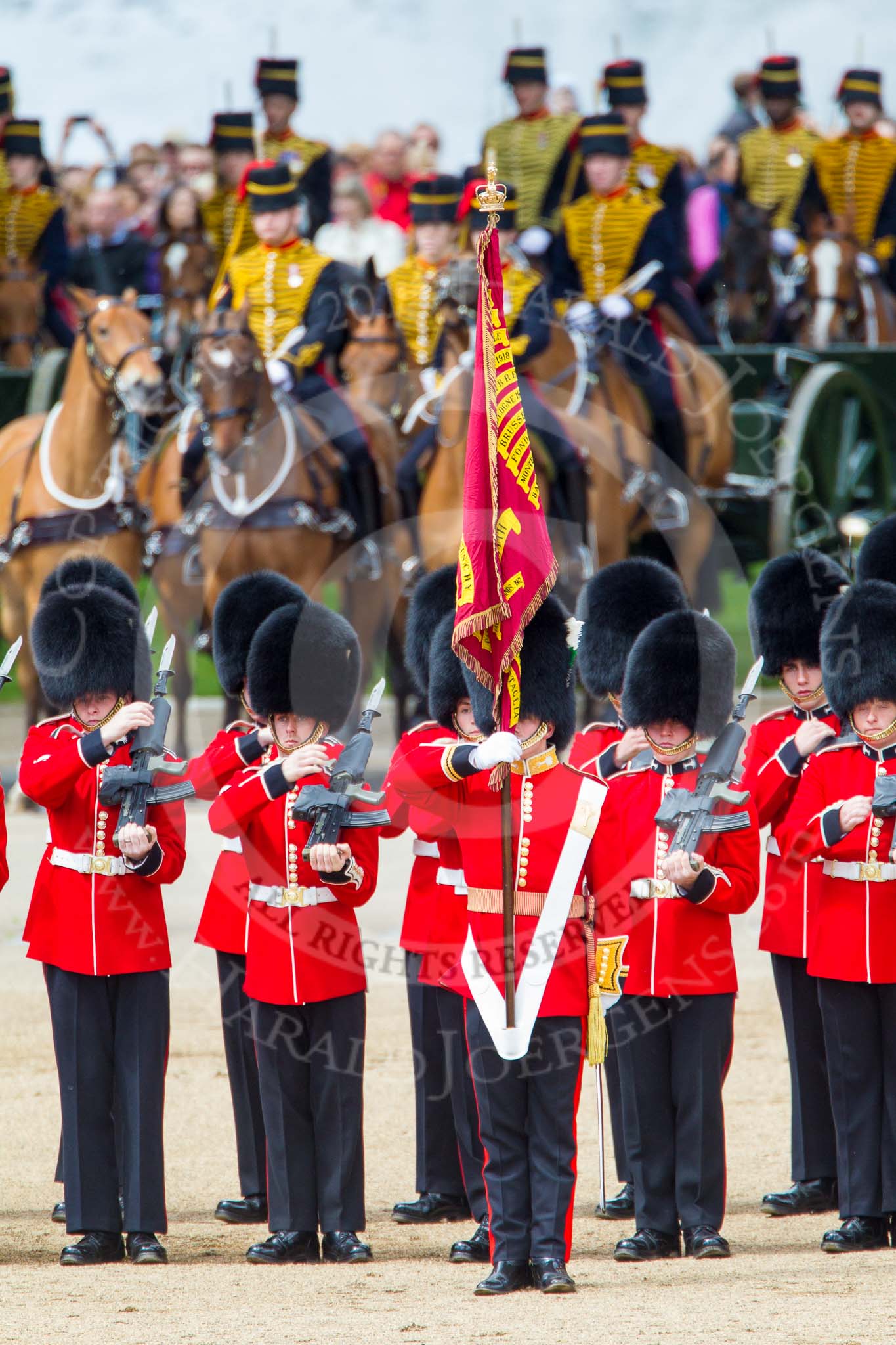 Trooping the Colour 2013: The Ensign, Second Lieutenant Joel Dinwiddle, and the Escort to the Colour,are back at their initial position, when they were the Escort for the Colour. The guardsmen are changing arms. Image #509, 15 June 2013 11:28 Horse Guards Parade, London, UK