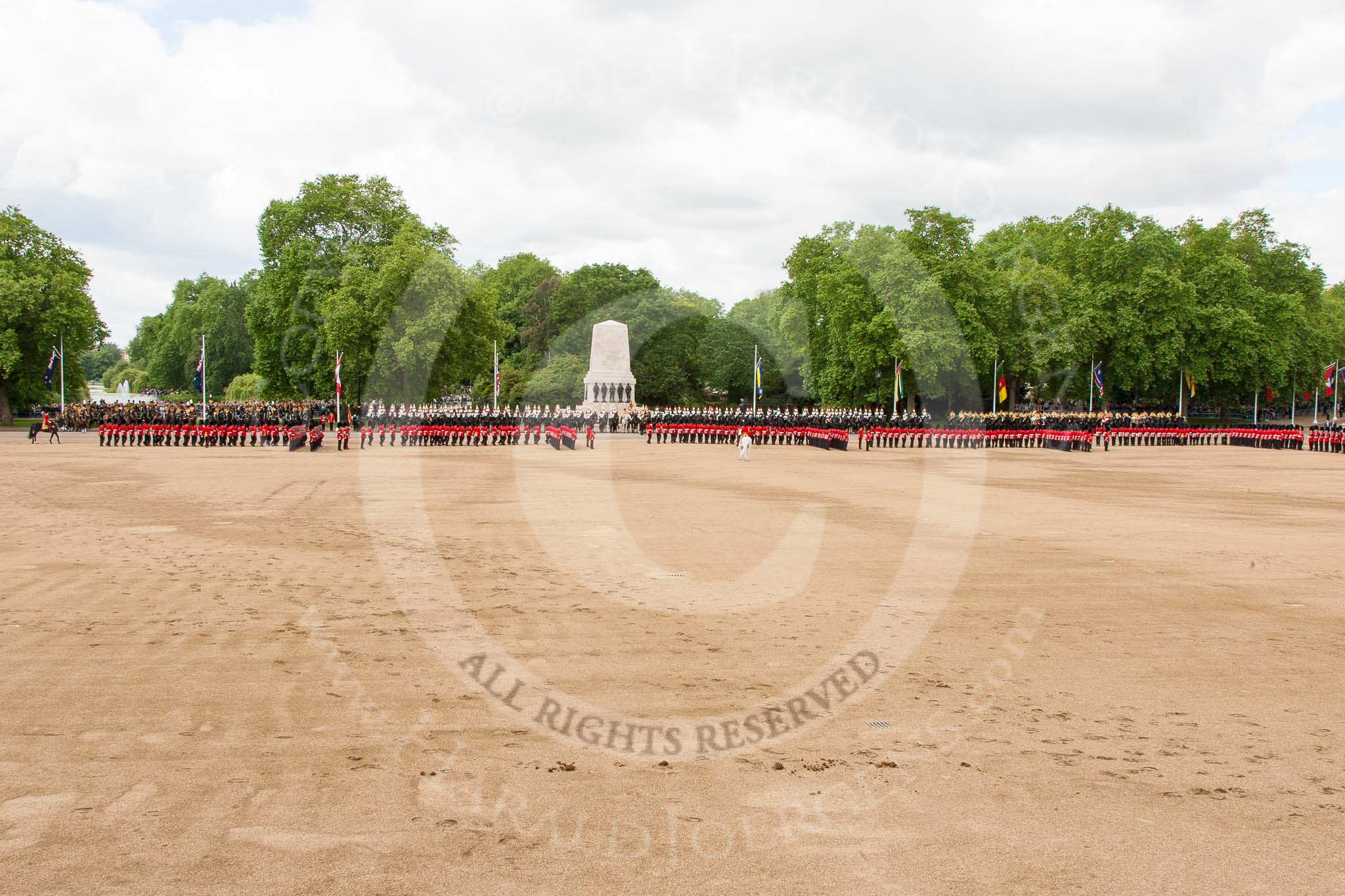 Trooping the Colour 2013: Wide angle overview of Horse Guards Parade before the March Past - the line of guardsmen changes back into review formation. Image #515, 15 June 2013 11:30 Horse Guards Parade, London, UK