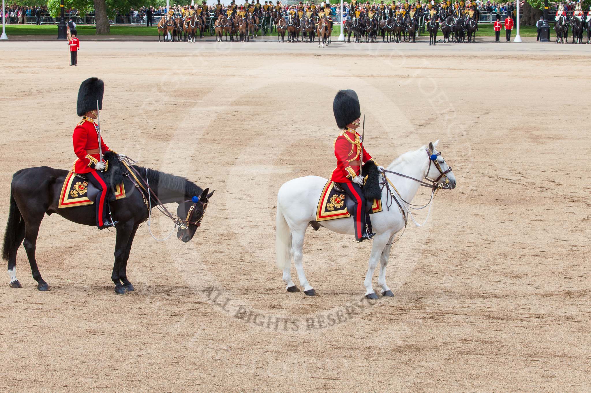 Trooping the Colour 2013: The March Past in Quick Time - the Major of the Parade, Major H G C Bettinson, Welsh Guards, and the Field Officer in Brigade Waiting, Lieutenant Colonel Dino Bossi, Welsh Guards. Image #600, 15 June 2013 11:45 Horse Guards Parade, London, UK