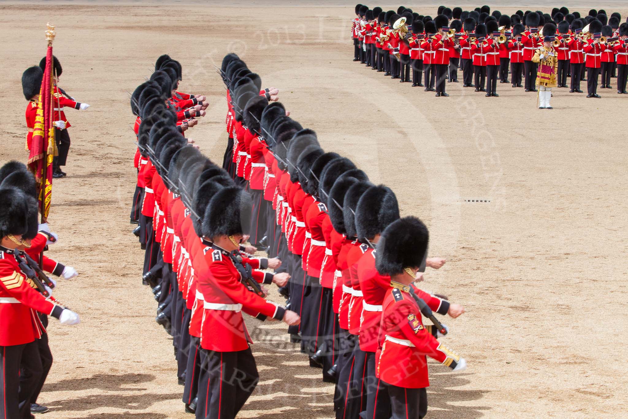 Trooping the Colour 2013: No. 1 Guard, the Escort to the Colour,1st Battalion Welsh Guards, during the March Past in Quick Time. Image #602, 15 June 2013 11:45 Horse Guards Parade, London, UK