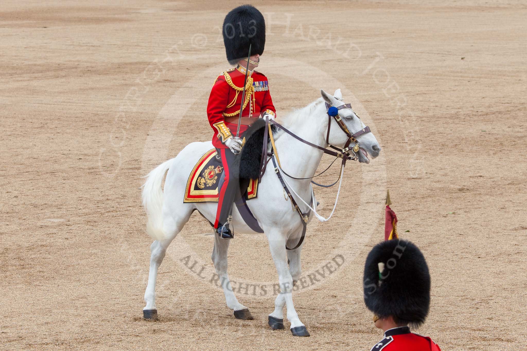 Trooping the Colour 2013: The Field Officer in Brigade Waiting, Lieutenant Colonel Dino Bossi, Welsh Guards, riding backwards after saluting Her Majesty during the March Past in Quick Time. Image #615, 15 June 2013 11:47 Horse Guards Parade, London, UK