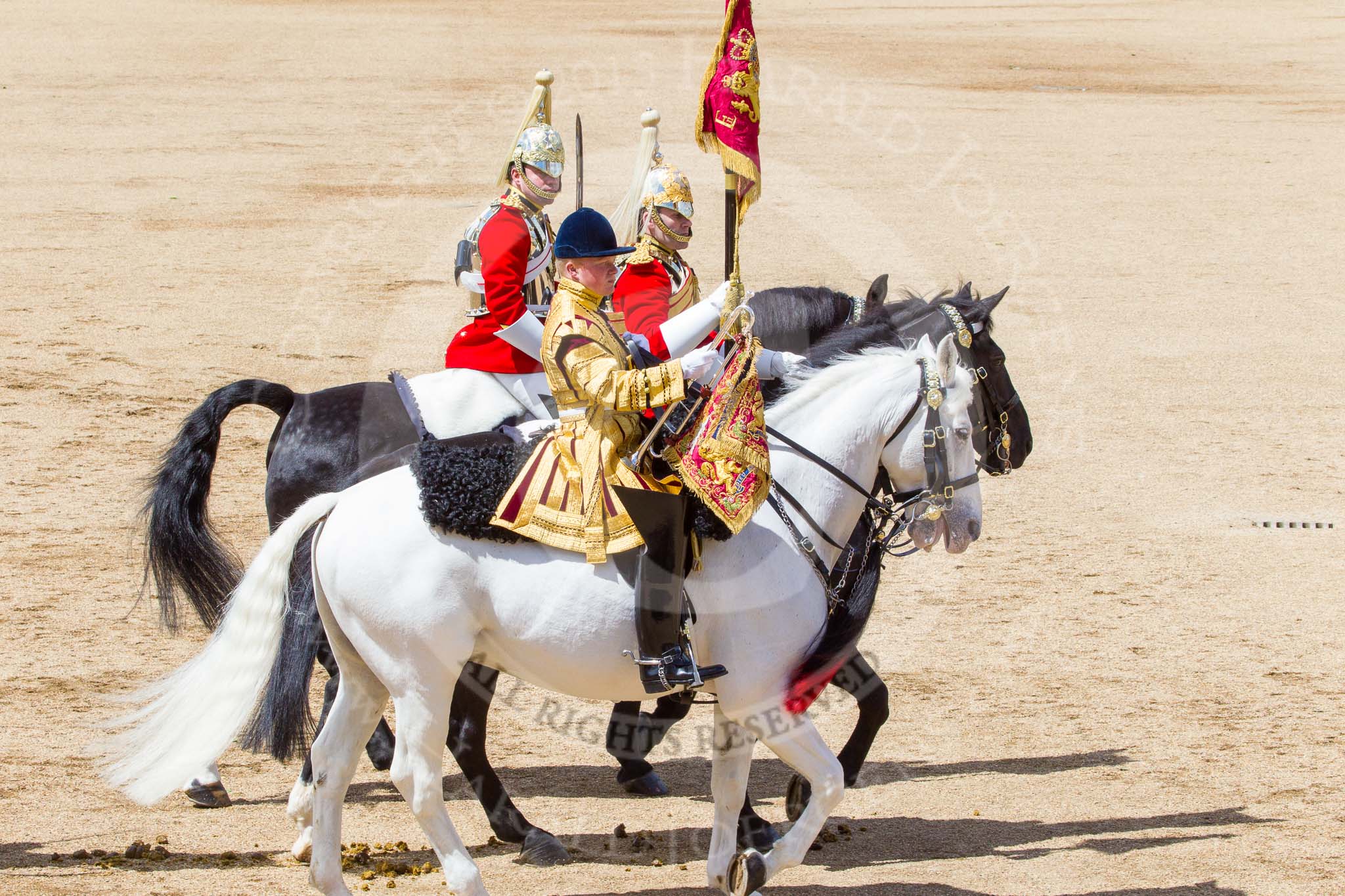 Trooping the Colour 2013: The Trumpeter (Lance Corporal Ben Ruffer, The Life Guards), the Standard Bearer (Squadron Corporal Major Kris Newell, The Life Guards) and the Standard Coverer (Staff Corporal Steve Chinn, The Life Guards) leading the Ride Past for the Household Cavalry. Image #691, 15 June 2013 11:55 Horse Guards Parade, London, UK