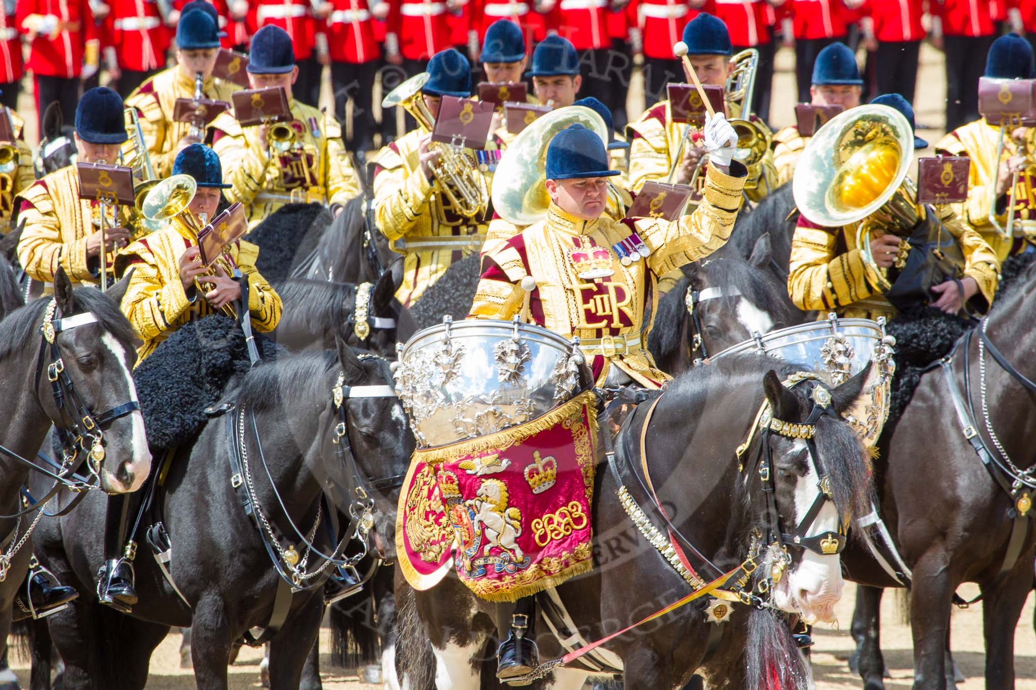 Trooping the Colour 2013: The Mounted Bands of the Household Cavalry during the Ride Past, with the kettle drummer from The Life Guards. Image #709, 15 June 2013 11:57 Horse Guards Parade, London, UK