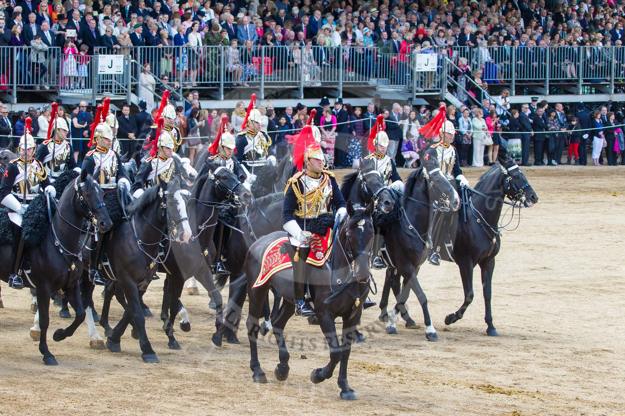 Trooping the Colour 2013: The Third and Forth Divisions of the Sovereign's Escort, The Blues and Royals, during the Ride Past. Image #734, 15 June 2013 11:59 Horse Guards Parade, London, UK