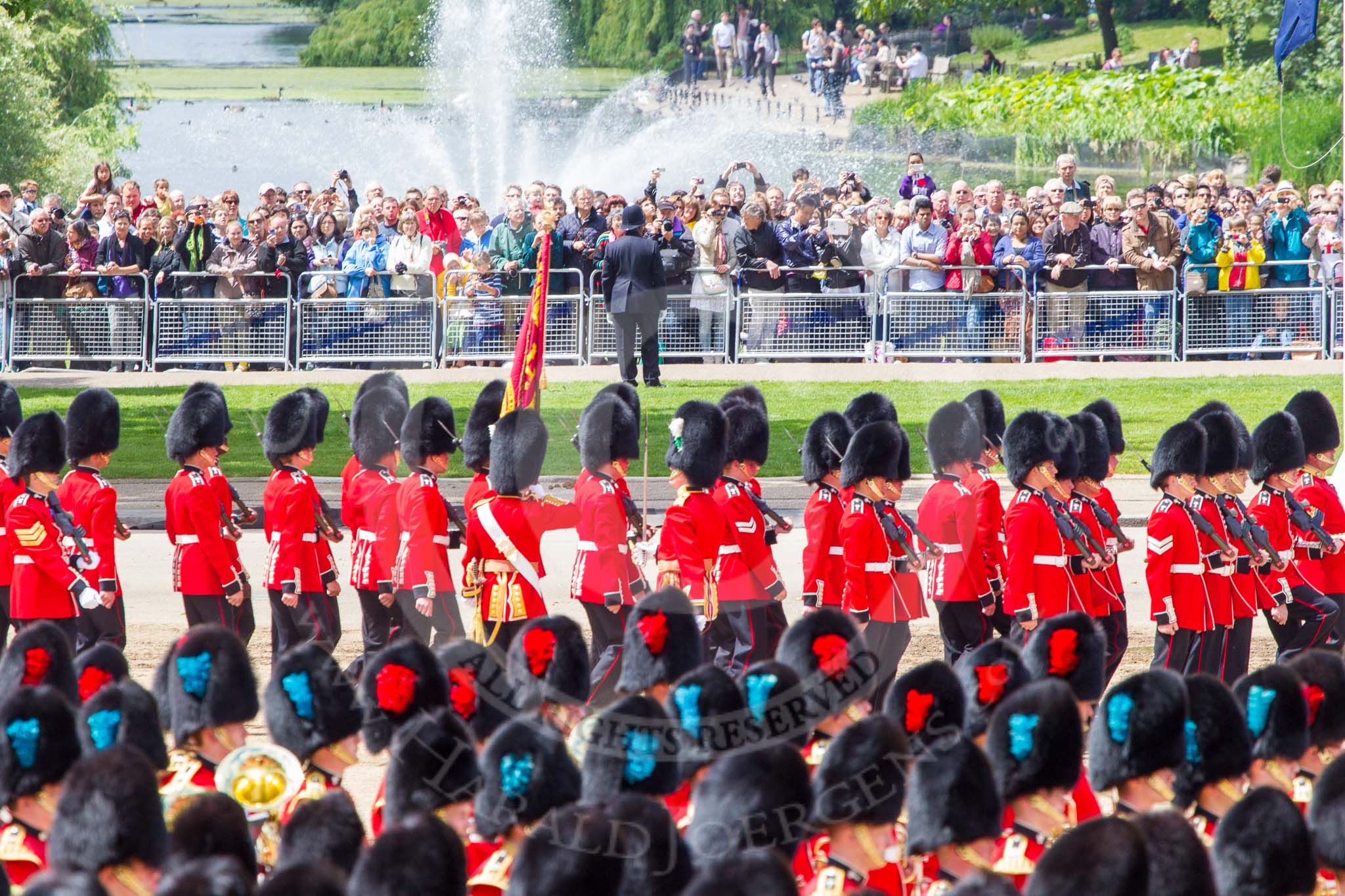 Trooping the Colour 2013: The six guards change formation, from a long, L-shaped line of guardsmen to six divisions. Image #769, 15 June 2013 12:04 Horse Guards Parade, London, UK