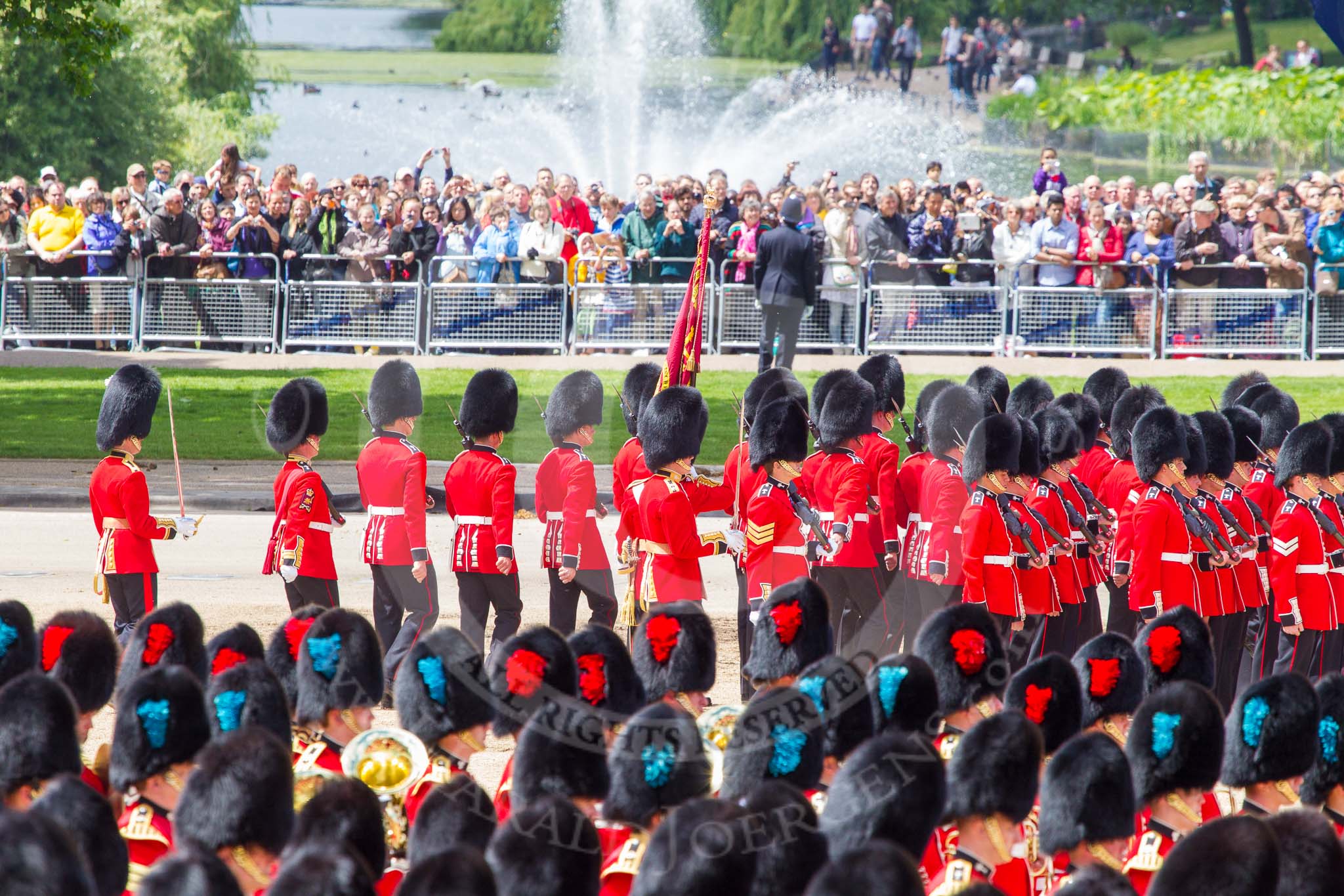 Trooping the Colour 2013: The six guards change formation, from a long, L-shaped line of guardsmen to six divisions. Image #770, 15 June 2013 12:04 Horse Guards Parade, London, UK