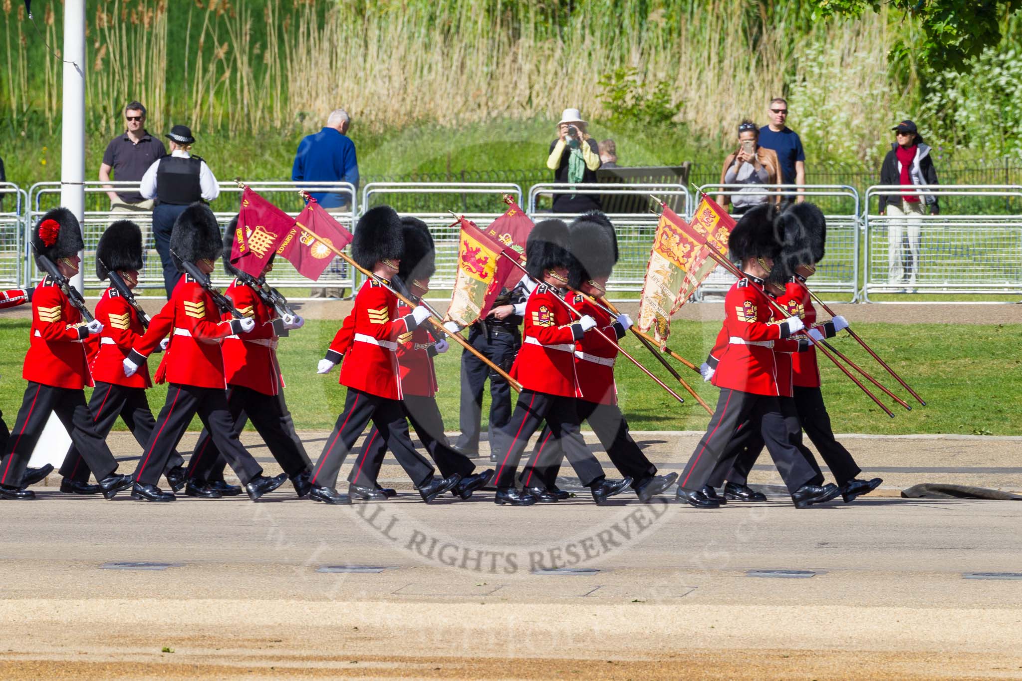 The 'Keepers of the Ground', guardsmen bearing marker flags for their respective regiments, marching on Horse Guards Road along St James's Park