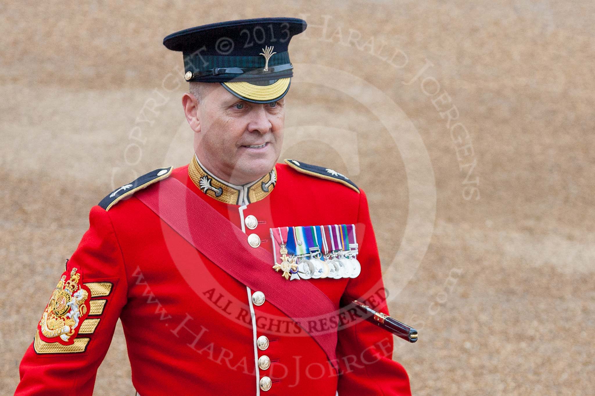 WO1 Garrison Sergeant Major W D G Mott OBE MVO, Welsh Guards, the man in charge of ceremonial events for London District, on his last day at work before retiring from the army.