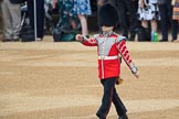 Duty Drummer  Sam Orchard is marching forward to uncase the Colour during The Colonel's Review 2018 (final rehearsal for Trooping the Colour, The Queen's Birthday Parade)  at Horse Guards Parade, Westminster, London, 2 June 2018, 10:33.
