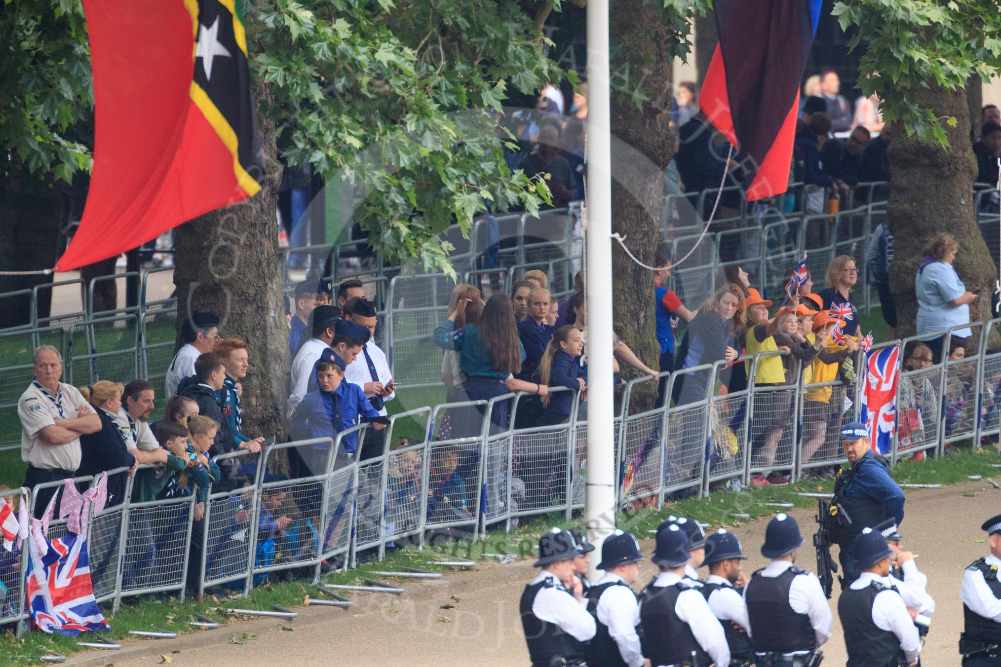 The Youth Enclosure early in the morning, before Trooping the Colour 2018, The Queen's Birthday Parade at Horse Guards Parade, Westminster, London, 9 June 2018, 08:49.