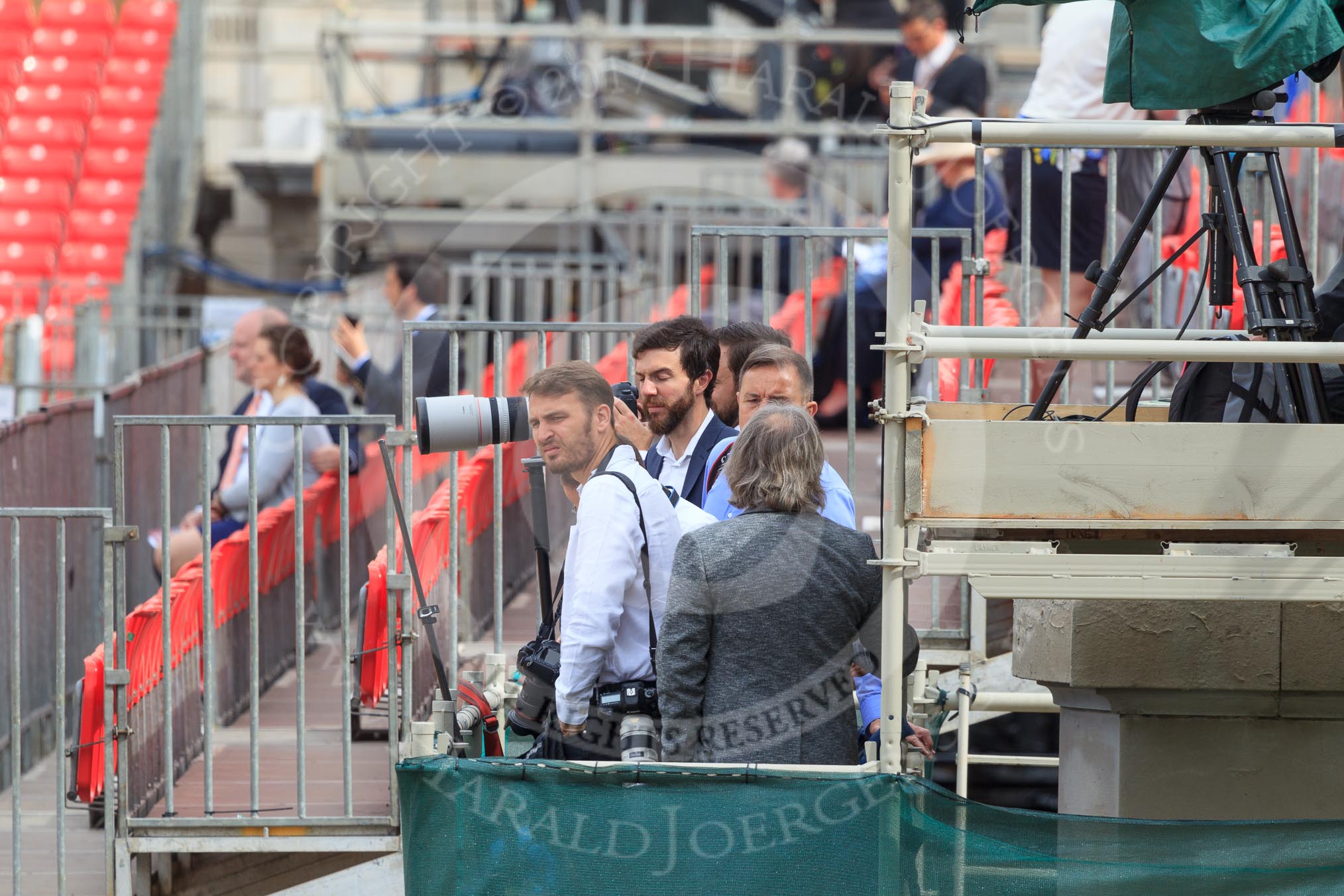 Photographers on the Wolseley press stand before Trooping the Colour 2018, The Queen's Birthday Parade at Horse Guards Parade, Westminster, London, 9 June 2018, 09:08.