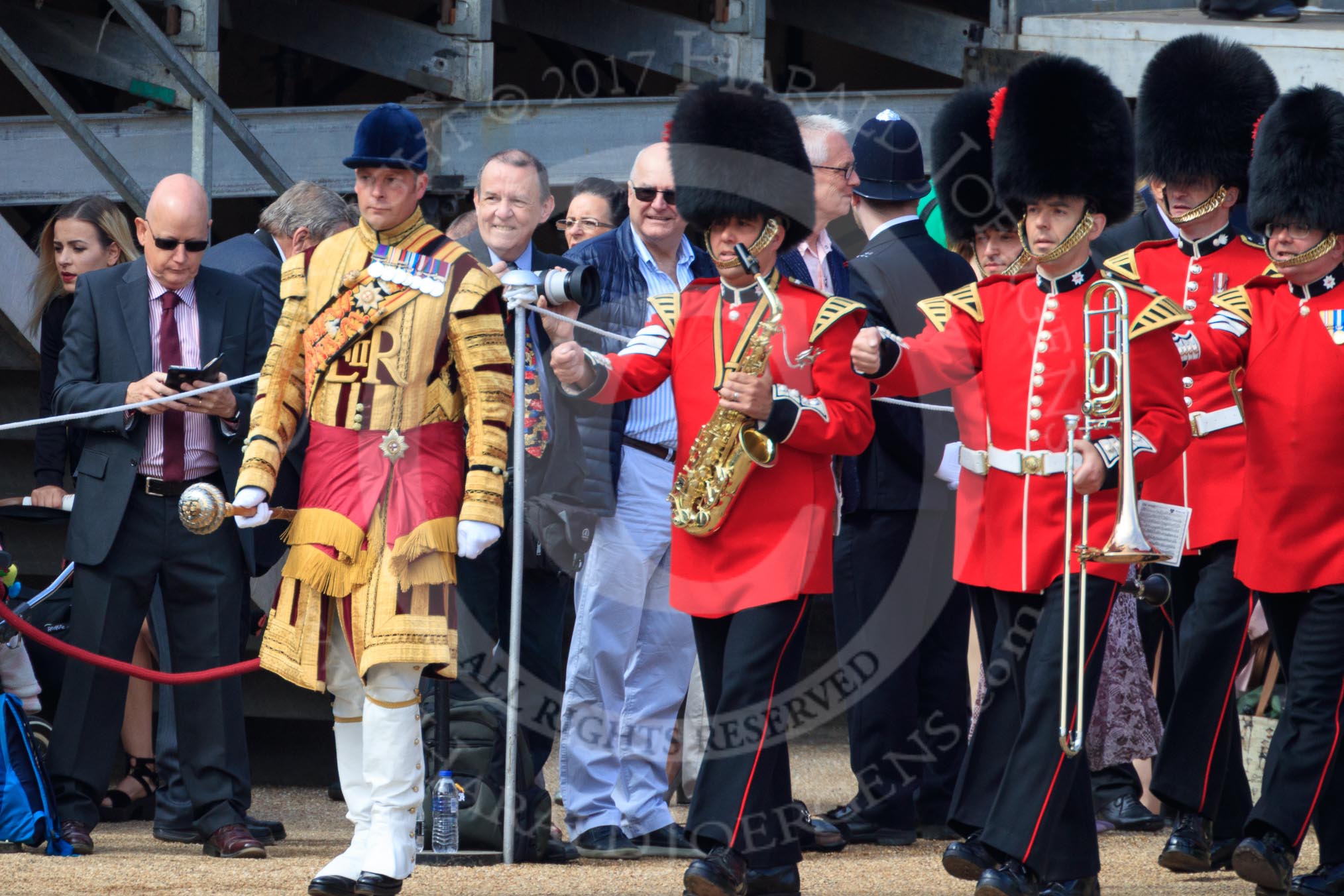 Drum Major Liam Rowley, 1st Battalion Coldstream Guards leading the Band of the Coldstream Guards to their position on Horse Guards Parade before Trooping the Colour 2018, The Queen's Birthday Parade at Horse Guards Parade, Westminster, London, 9 June 2018, 10:06.