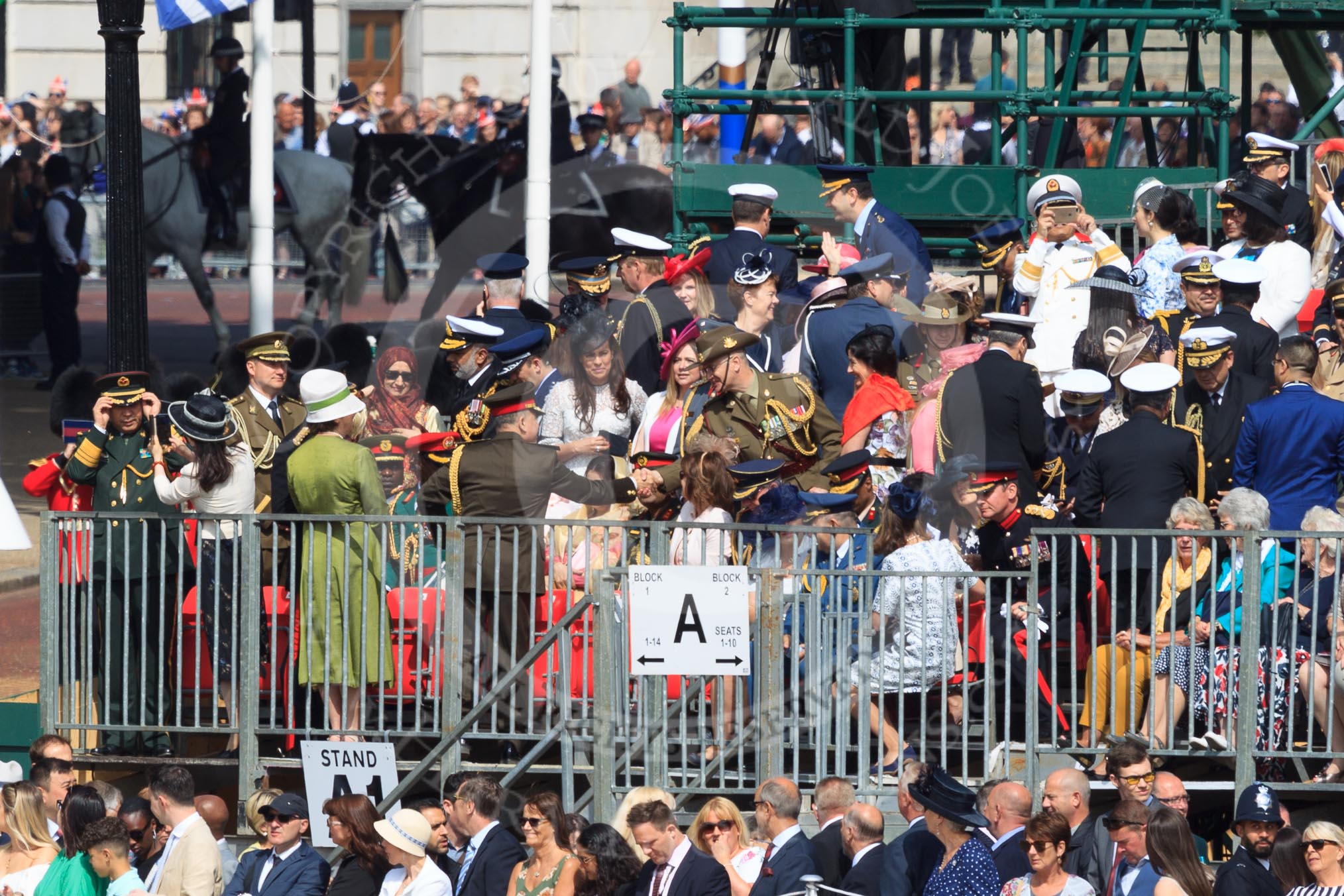 View towards The Mall, with the Youth Enclosure on the left and grandstand A on the right, before Trooping the Colour 2018, The Queen's Birthday Parade at Horse Guards Parade, Westminster, London, 9 June 2018, 10:11.