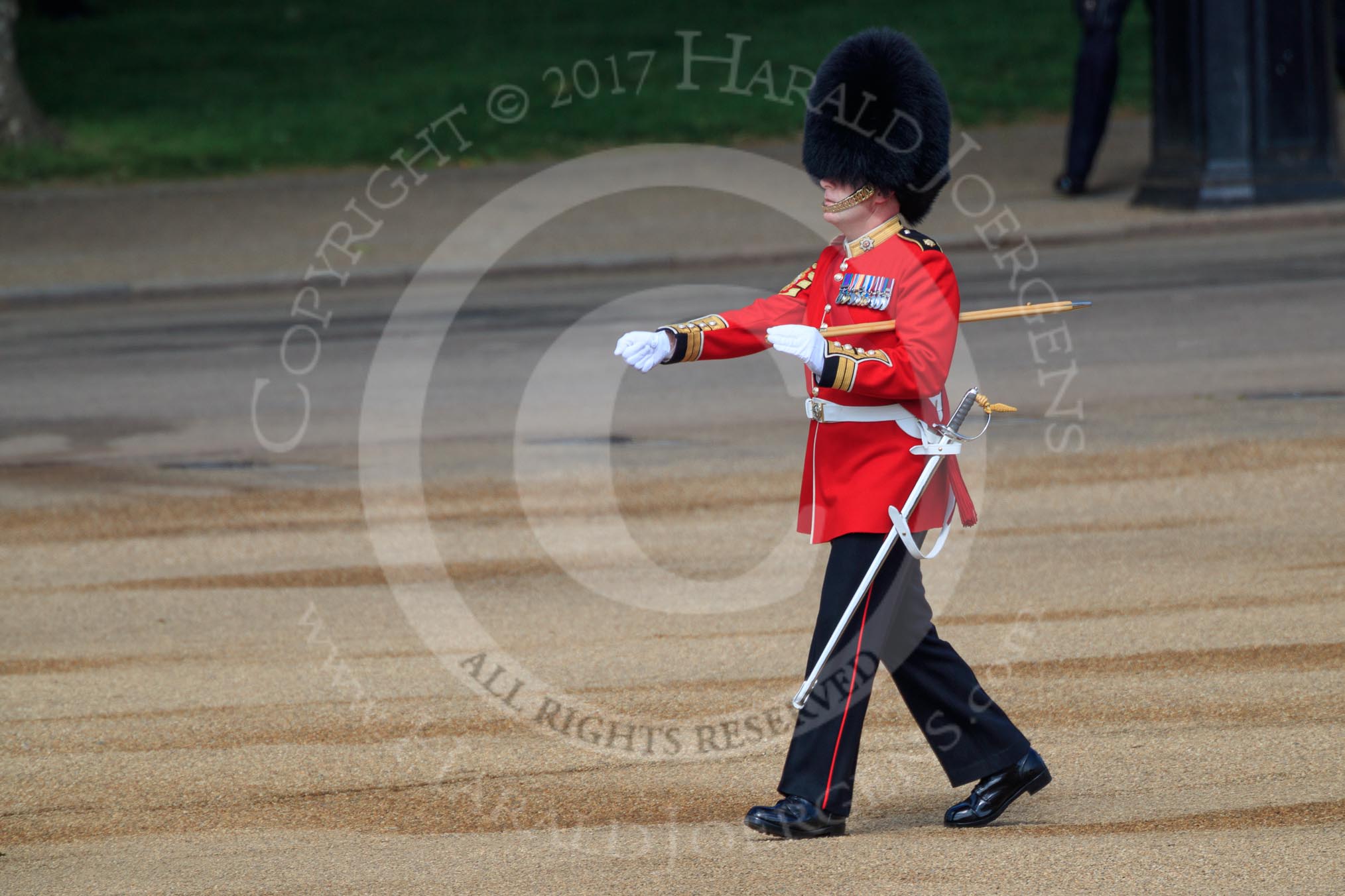 Garrison Sergeant Major (GSM) Headquarters London District, Warrant Officer Class 1 Andrew (Vern) Strokes checking everyone and everything is up to his expectations before Trooping the Colour 2018, The Queen's Birthday Parade at Horse Guards Parade, Westminster, London, 9 June 2018, 10:20.