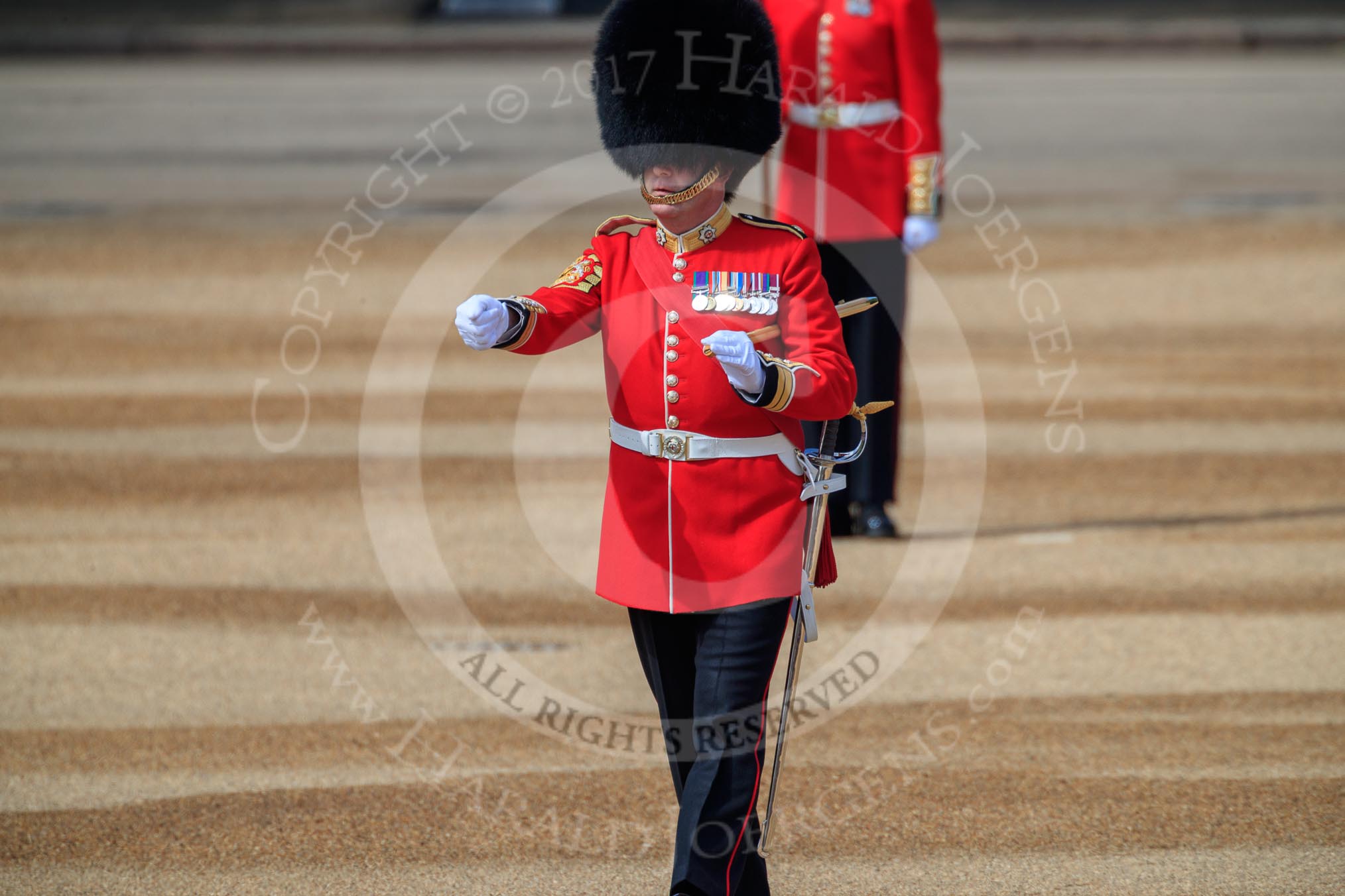 Garrison Sergeant Major (GSM) Headquarters London District, Warrant Officer Class 1 Andrew (Vern) Strokes checking everyone and everything is up to his expectations before Trooping the Colour 2018, The Queen's Birthday Parade at Horse Guards Parade, Westminster, London, 9 June 2018, 10:21.