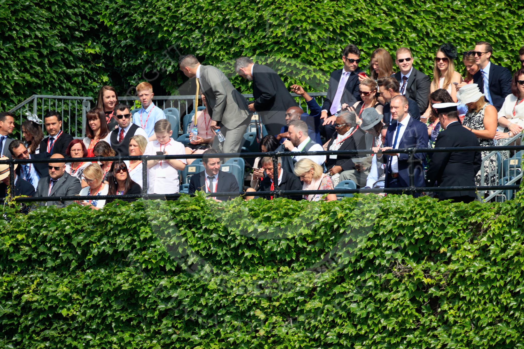 Spectators on the ivy clad Admiralty Citadel before Trooping the Colour 2018, The Queen's Birthday Parade at Horse Guards Parade, Westminster, London, 9 June 2018, 10:22.