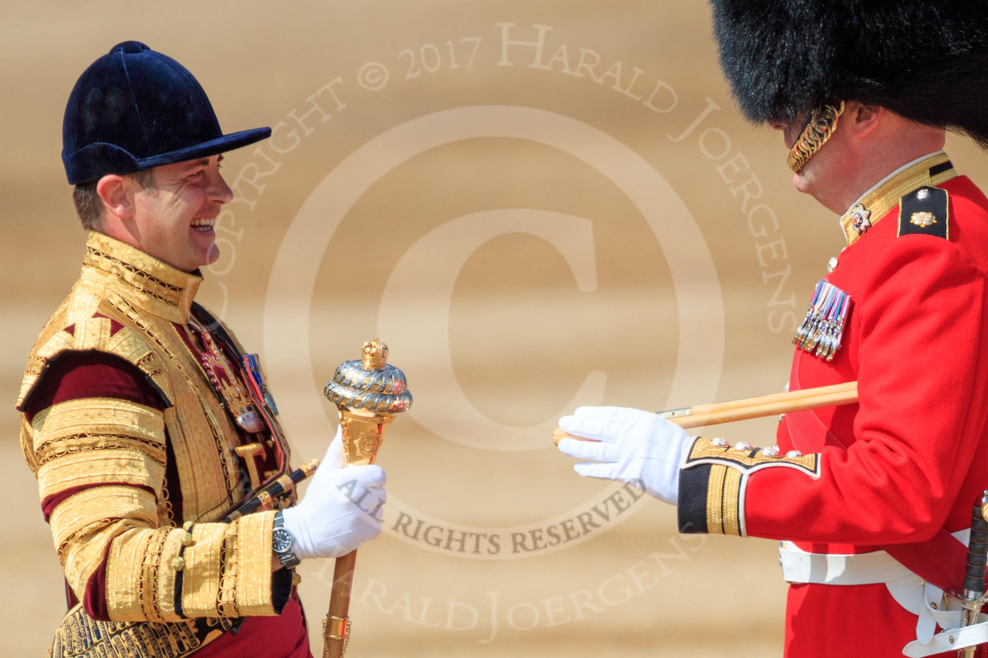 Garrison Sergeant Major (GSM) Headquarters London District, Warrant Officer Class 1 Andrew (Vern) Strokes meets Senior Drum Major Damian Thomas, Grenadier Guards, before Trooping the Colour 2018, The Queen's Birthday Parade at Horse Guards Parade, Westminster, London, 9 June 2018, 10:22.