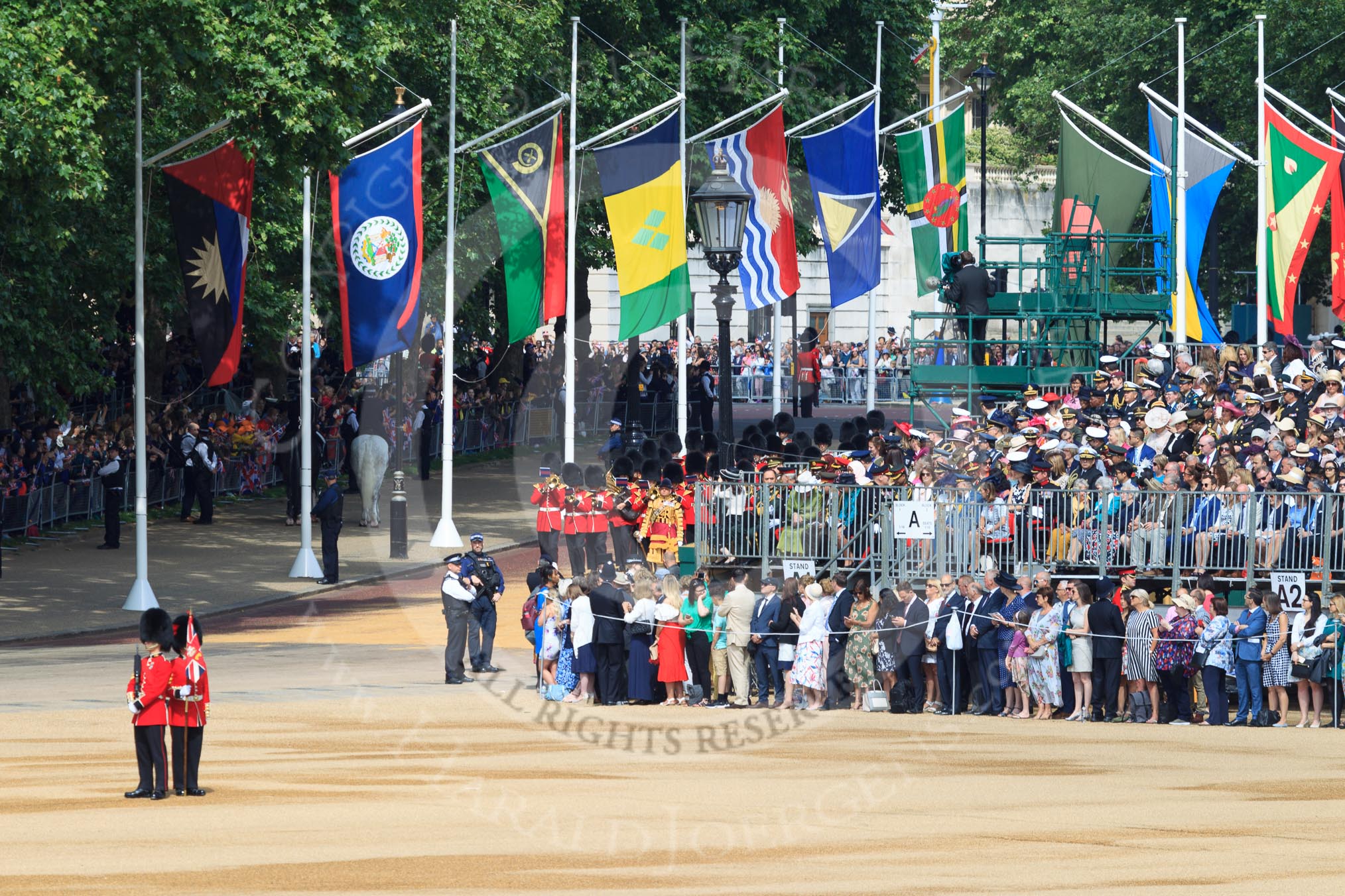 The Band of the Grenadier Guards arriving at Horse Guards Parade before Trooping the Colour 2018, The Queen's Birthday Parade at Horse Guards Parade, Westminster, London, 9 June 2018, 10:24.