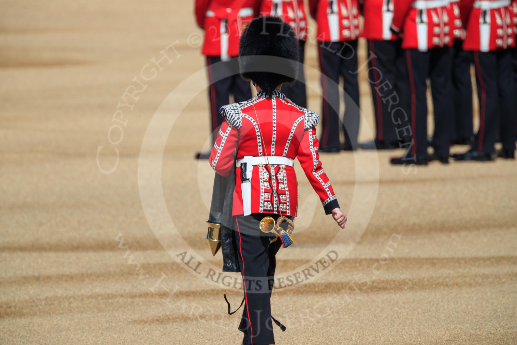 The Duty Drummer Sam Orchard marching away with the Colour Case during Trooping the Colour 2018, The Queen's Birthday Parade at Horse Guards Parade, Westminster, London, 9 June 2018, 10:33.