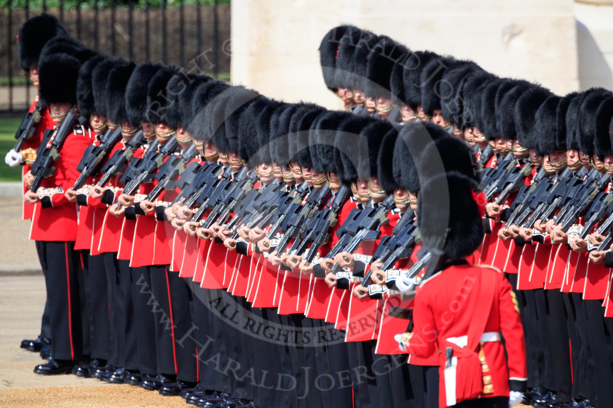 Number Three Guard, 1st Battalion Coldstream Guards during Trooping the Colour 2018, The Queen's Birthday Parade at Horse Guards Parade, Westminster, London, 9 June 2018, 10:34.