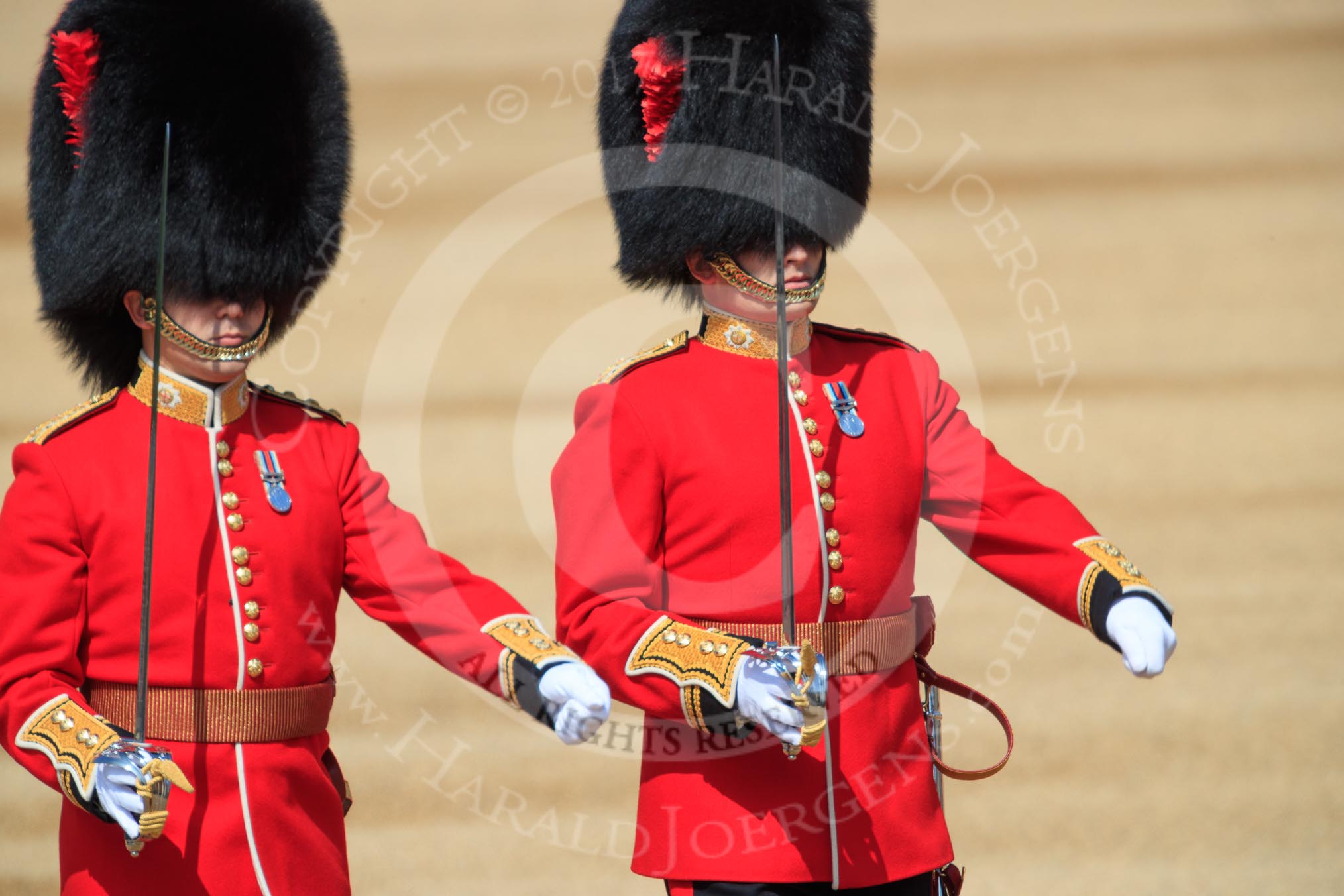 The Subaltern, Captain HCC Bucknall, Escort to the Colour, 1st Battalion Coldstream Guards, and The Subaltern, Captain GOL Cazalet, Number Two Guard, 1st Battalion Coldstream Guards, marching towards Horse Guards Arch during Trooping the Colour 2018, The Queen's Birthday Parade at Horse Guards Parade, Westminster, London, 9 June 2018, 10:34.