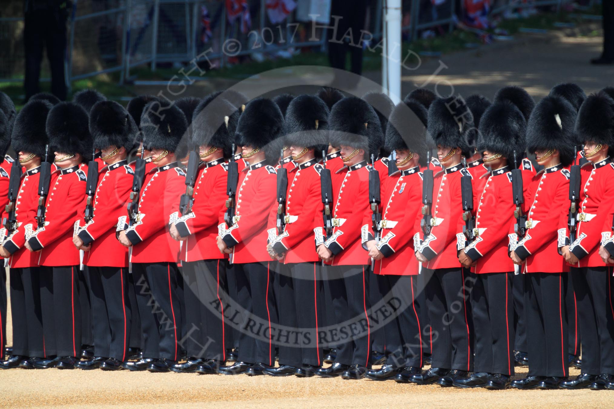 Number Five Guard, Nijmegen Company, Grenadier Guards during Trooping the Colour 2018, The Queen's Birthday Parade at Horse Guards Parade, Westminster, London, 9 June 2018, 10:35.