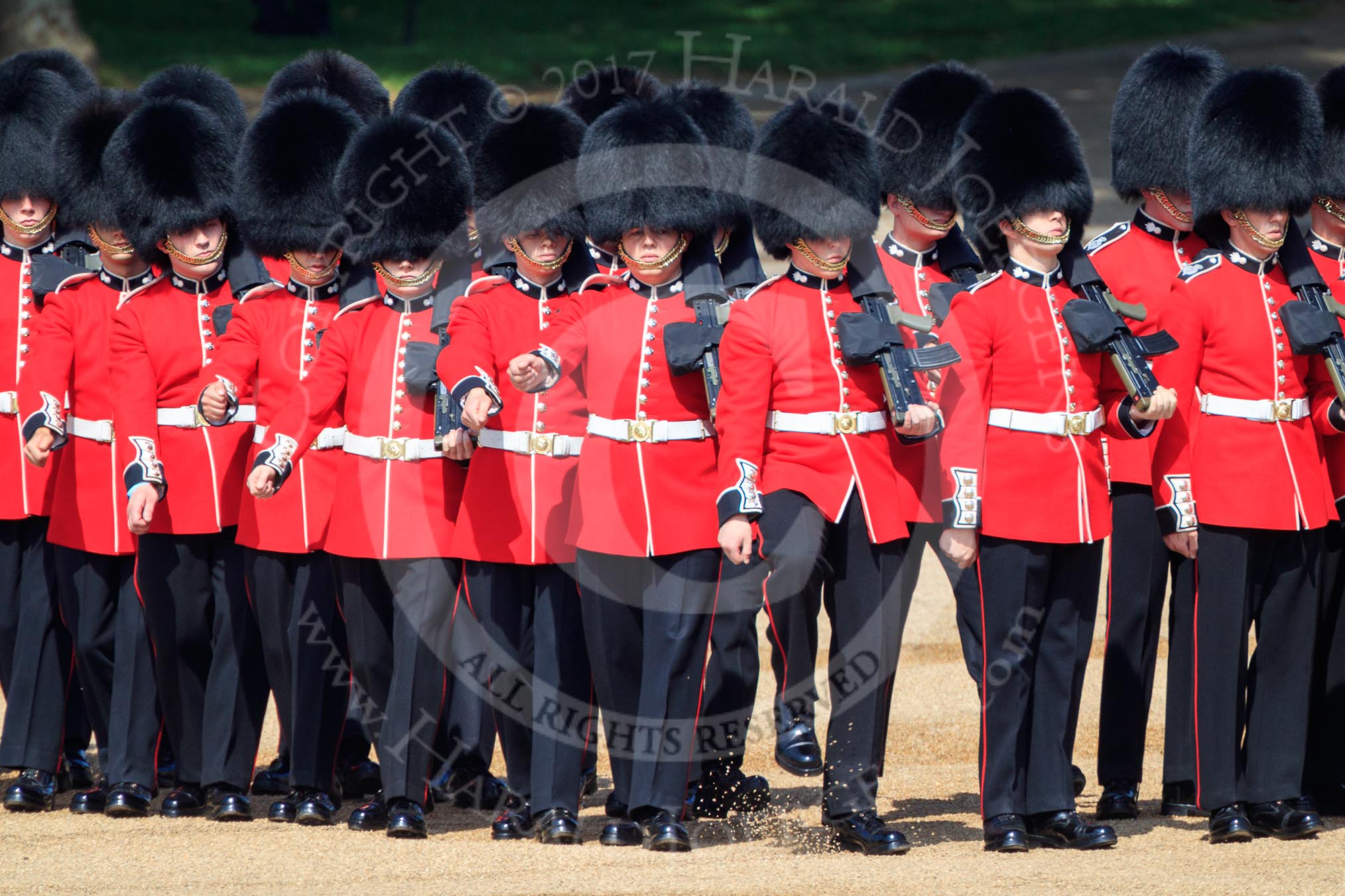 Number Five Guard, Nijmegen Company, Grenadier Guards changing formation during Trooping the Colour 2018, The Queen's Birthday Parade at Horse Guards Parade, Westminster, London, 9 June 2018, 10:36.