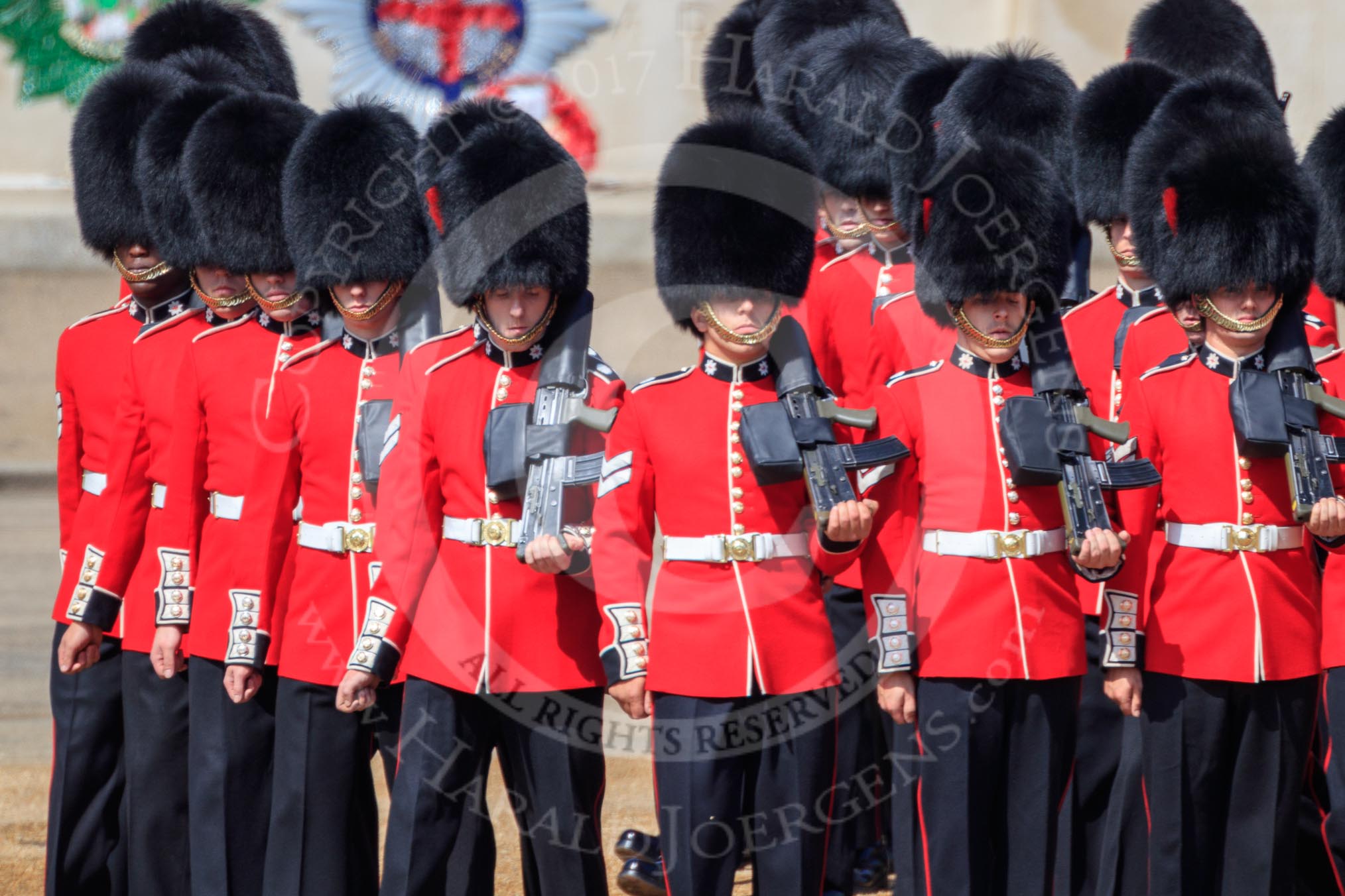 Number Four Guard, No 7 Company Coldstream Guards changing formation during Trooping the Colour 2018, The Queen's Birthday Parade at Horse Guards Parade, Westminster, London, 9 June 2018, 10:37.