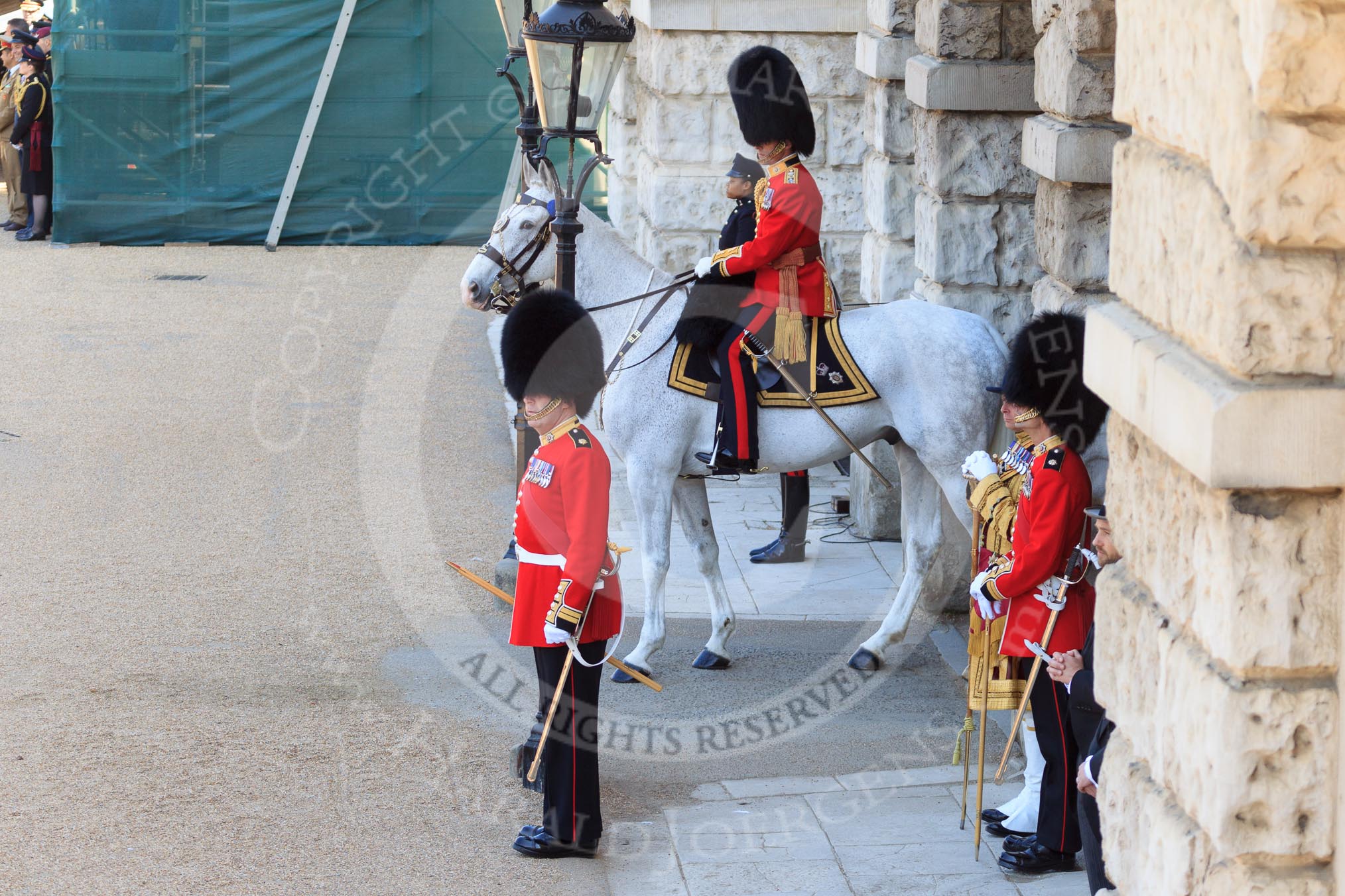 The Field Officer in Brigade Waiting, Lieutenant Colonel Edwyn Nicholas Launders MBE on horseback at Horse Guards Arch, with the Garrison Sergeant Major (GSM) Headquarters London District, Warrant Officer Class 1 Andrew (Vern) Strokes in front of him, at the start of Trooping the Colour 2018, The Queen's Birthday Parade at Horse Guards Parade, Westminster, London, 9 June 2018, 10:38.