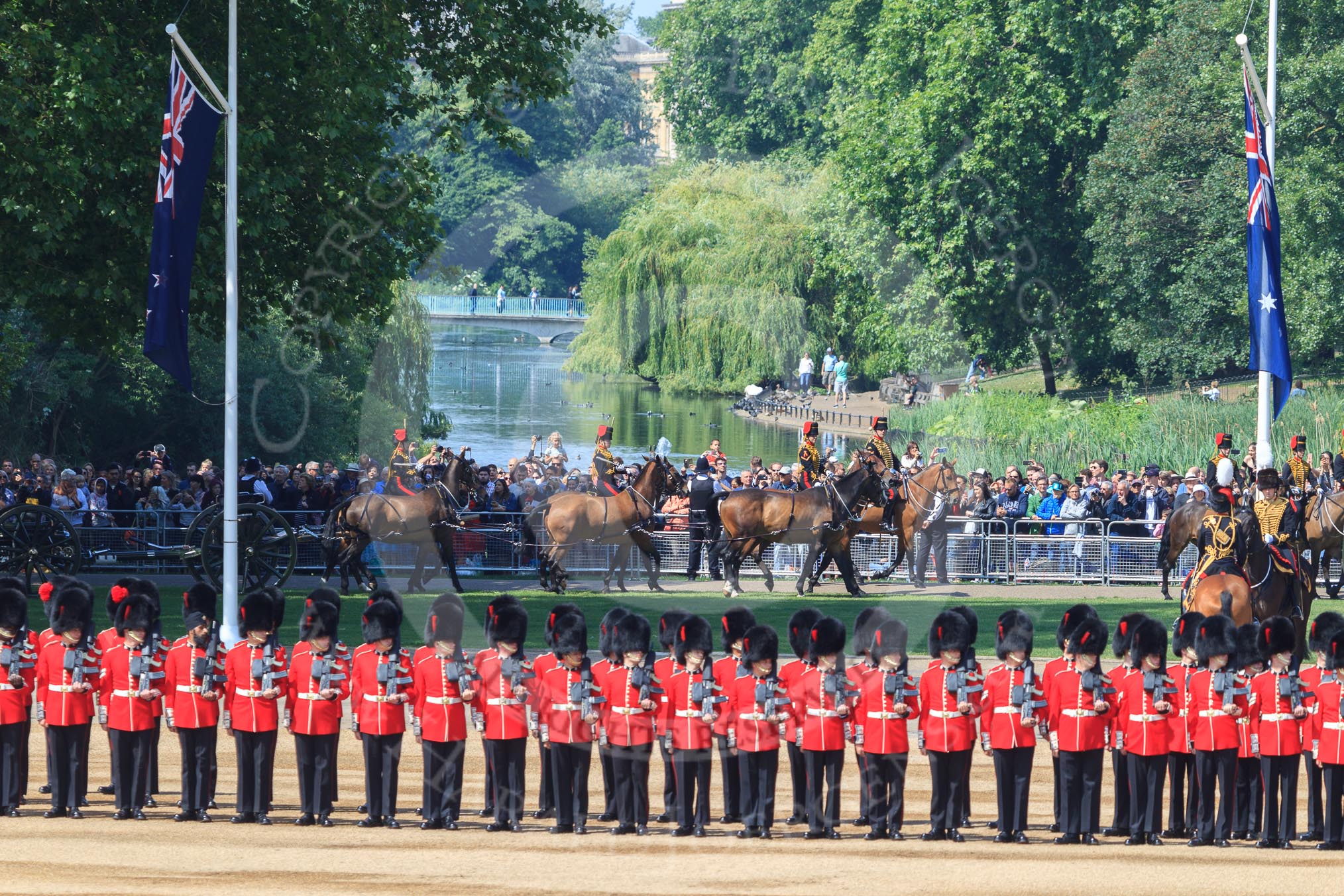 The The King's Troop Royal Horse Artillery arrives to take their positions near St James's Park during Trooping the Colour 2018, The Queen's Birthday Parade at Horse Guards Parade, Westminster, London, 9 June 2018, 10:38.