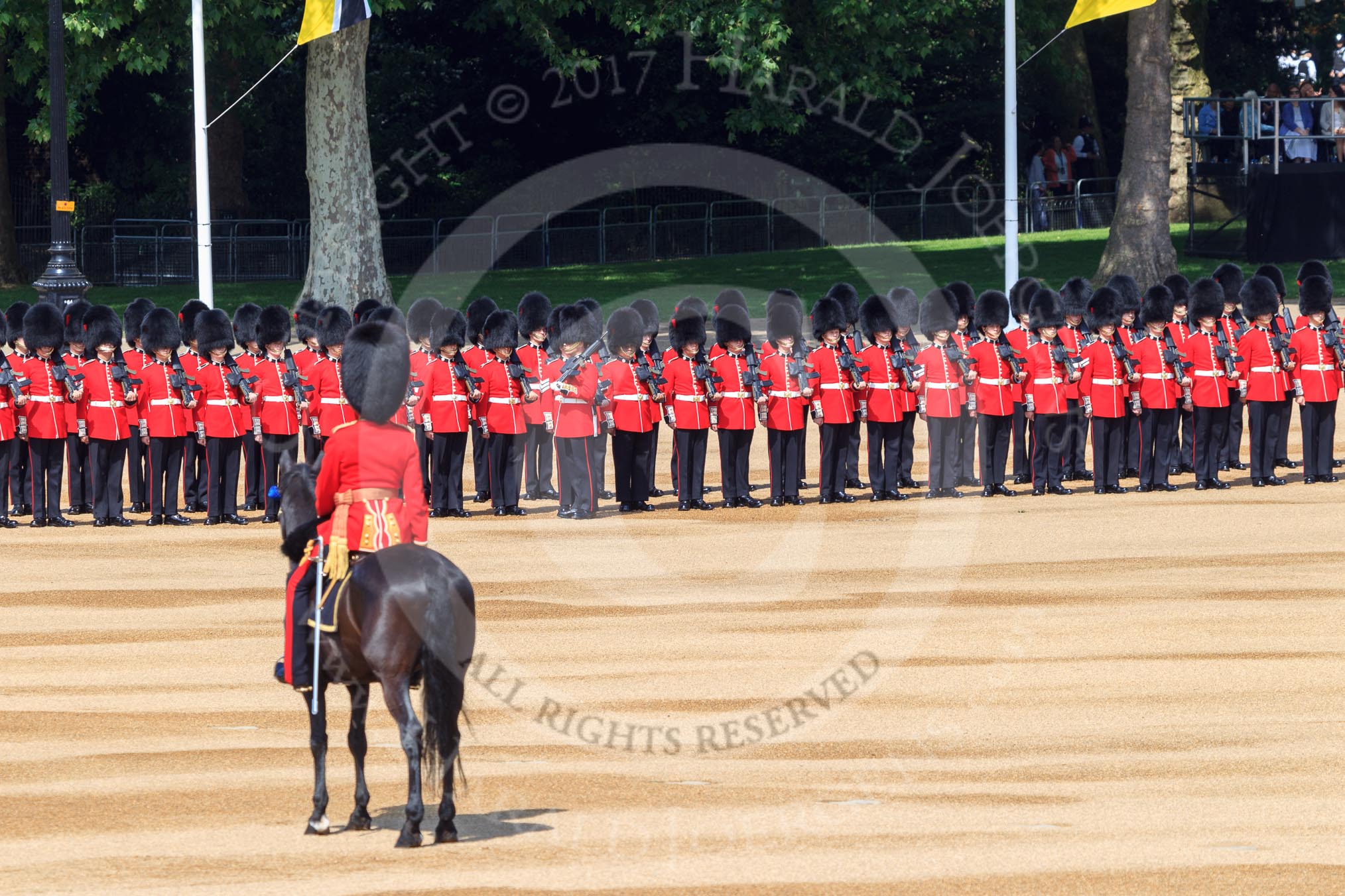 The Parade Major, Major OJ Biggs is greeting the troops during Trooping the Colour 2018, The Queen's Birthday Parade at Horse Guards Parade, Westminster, London, 9 June 2018, 10:39.