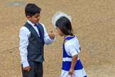 Smartly dressed boy and girl before Trooping the Colour 2018, The Queen's Birthday Parade at Horse Guards Parade, Westminster, London, 9 June 2018, 09:35.