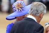 Woman with spectacular blue hat at Trooping the Colour 2018, The Queen's Birthday Parade at Horse Guards Parade, Westminster, London, 9 June 2018, 09:38.
