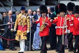 Drum Major Liam Rowley, 1st Battalion Coldstream Guards leading the Band of the Coldstream Guards to their position on Horse Guards Parade before Trooping the Colour 2018, The Queen's Birthday Parade at Horse Guards Parade, Westminster, London, 9 June 2018, 10:06.