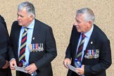 Two gentlemen in civilian clothes, wearing medals and Royal Army Medical Corps ties, before Trooping the Colour 2018, The Queen's Birthday Parade at Horse Guards Parade, Westminster, London, 9 June 2018, 10:07.