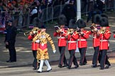 The Band of the Welsh Guards, led by Senior Drum Major Damian Thomas, Grenadier Guards, marching past the Youth Enclosure before Trooping the Colour 2018, The Queen's Birthday Parade at Horse Guards Parade, Westminster, London, 9 June 2018, 10:12.