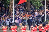 The crowded Youth Enclosure, with the Band of the Welsh Guards marching past, before Trooping the Colour 2018, The Queen's Birthday Parade at Horse Guards Parade, Westminster, London, 9 June 2018, 10:12.