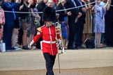 A musician from the Band of the Welsh Guards marching onto Horse Guards Parade to mark the destination for the band during Trooping the Colour 2018, The Queen's Birthday Parade at Horse Guards Parade, Westminster, London, 9 June 2018, 10:12.