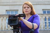 BFBS presenter Sian Grzeszczyk with video camera during Trooping the Colour 2018, The Queen's Birthday Parade at Horse Guards Parade, Westminster, London, 9 June 2018, 10:13.