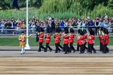 The Band of the Welsh Guards. led by Senior Drum Major Damian Thomas, Grenadier Guards, turning onto Horse Guards Parade during Trooping the Colour 2018, The Queen's Birthday Parade at Horse Guards Parade, Westminster, London, 9 June 2018, 10:13.