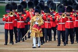 Senior Drum Major Damian Thomas, Grenadier Guards, leading the Band of the Welsh Guards onto Horse Guards Parade during Trooping the Colour 2018, The Queen's Birthday Parade at Horse Guards Parade, Westminster, London, 9 June 2018, 10:13.