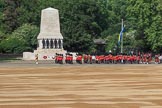 The Band of the Scots Guards marching past the Guards Memorial before Trooping the Colour 2018, The Queen's Birthday Parade at Horse Guards Parade, Westminster, London, 9 June 2018, 10:17.