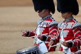 The Band of the Scots Guards drummers with High Tension Drums during Trooping the Colour 2018, The Queen's Birthday Parade at Horse Guards Parade, Westminster, London, 9 June 2018, 10:19.