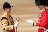 Garrison Sergeant Major (GSM) Headquarters London District, Warrant Officer Class 1 Andrew (Vern) Strokes meets Senior Drum Major Damian Thomas, Grenadier Guards, before Trooping the Colour 2018, The Queen's Birthday Parade at Horse Guards Parade, Westminster, London, 9 June 2018, 10:22.