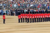 Number Six Guard, F Company, Scots Guards at their initial position on Horse Guards Parade, with Warrant Officer Class 2 (CSM) Nigel Heron, (33), on the left, during Trooping the Colour 2018, The Queen's Birthday Parade at Horse Guards Parade, Westminster, London, 9 June 2018, 10:26.