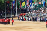Number Five Guard, Nijmegen Company, Grenadier Guards on the left, Number Six Guard, F Company, Scots Guards on the very right, and Number Four Guard, No 7 Company Coldstream Guards arriving from The Mall, during Trooping the Colour 2018, The Queen's Birthday Parade at Horse Guards Parade, Westminster, London, 9 June 2018, 10:27.