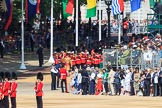 The Band of the Coldstream Guards marching onto Horse Guards Parade during Trooping the Colour 2018, The Queen's Birthday Parade at Horse Guards Parade, Westminster, London, 9 June 2018, 10:30.