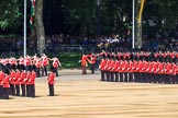 The Band of the Coldstream Guards is immediately followed by Number Three Guard, 1st Battalion Coldstream Guards during Trooping the Colour 2018, The Queen's Birthday Parade at Horse Guards Parade, Westminster, London, 9 June 2018, 10:31.