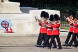The Band of the Coldstream Guards marching past the Guards Memorial during Trooping the Colour 2018, The Queen's Birthday Parade at Horse Guards Parade, Westminster, London, 9 June 2018, 10:31.