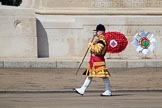 Drum Major Liam Rowley, 1st Battalion Coldstream Guards,  leading the Band of the Coldstream Guards past the Guards Memorial during Trooping the Colour 2018, The Queen's Birthday Parade at Horse Guards Parade, Westminster, London, 9 June 2018, 10:31.